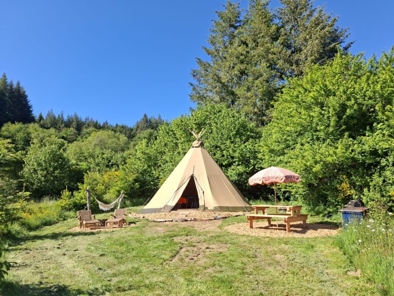 Tipi Le Papillon met hangmat, ligstoelen, picknicktafel en parasol, met bos erachter